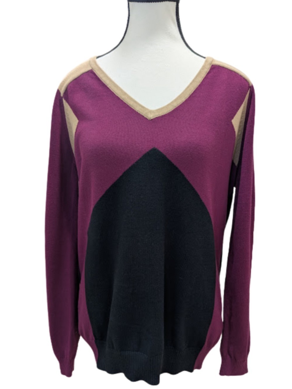 Nivo Colorblock Sweater Chevron Knit Black Plum Tan Cotton Athleisure Pullover L